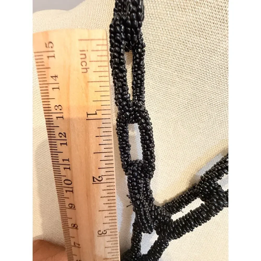 Vintage NOS Handmade Black Beaded Tassel Necklace 30”